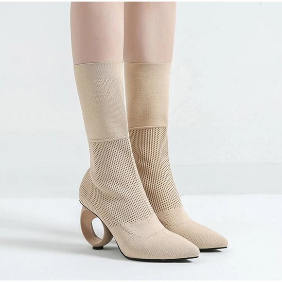 Autumn Winter EuropesnDesign Women Mid-calf Boots Knitted Stretch Fabric Sew - Picture 2 of 8